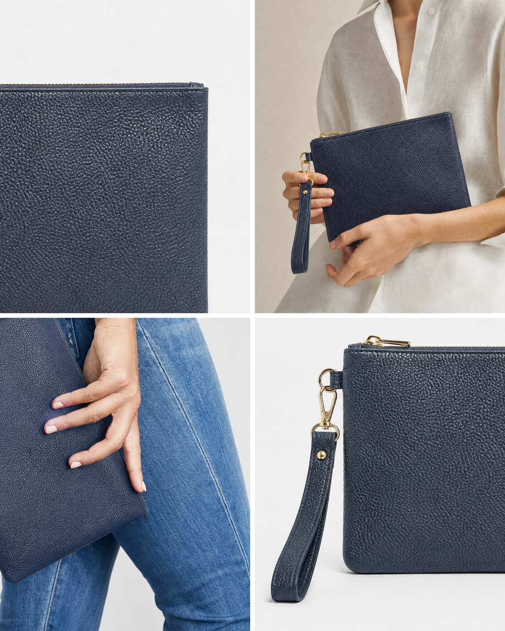 SoulByChi tasarım görseli — Grace clutch çantanın elde taşınmasını, fermuarını ve bilek askısını gösteren kullanım kolajı.