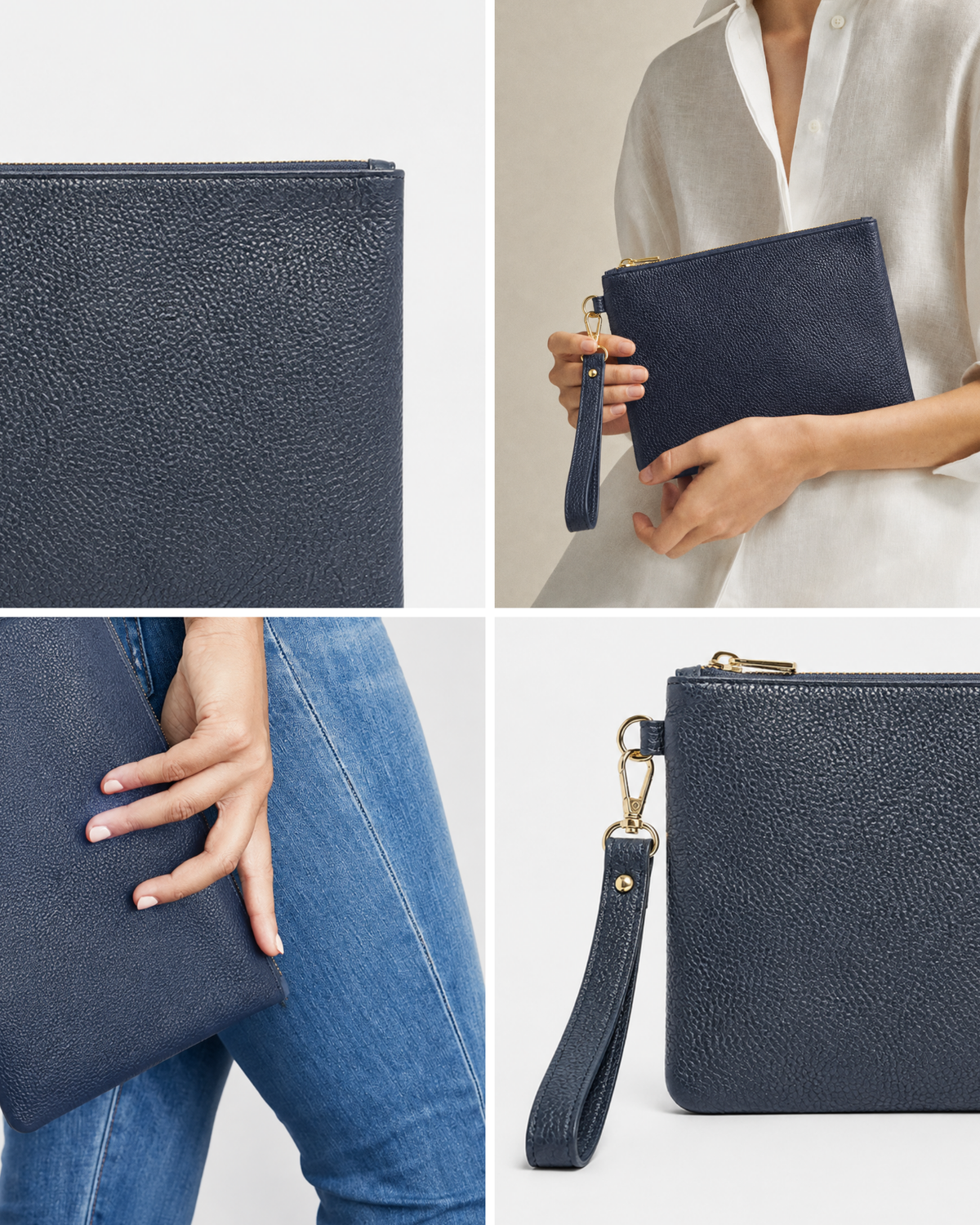 SoulByChi tasarım görseli — Grace clutch çantanın elde taşınmasını, fermuarını ve bilek askısını gösteren kullanım kolajı.