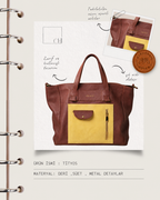 SoulByChi tasarım görseli — Tityos ürün kartı: kahverengi deri ve sarı süet birleşimi, ön cep ve taşıma sapları. | Renk: Kahverengi / Sarı