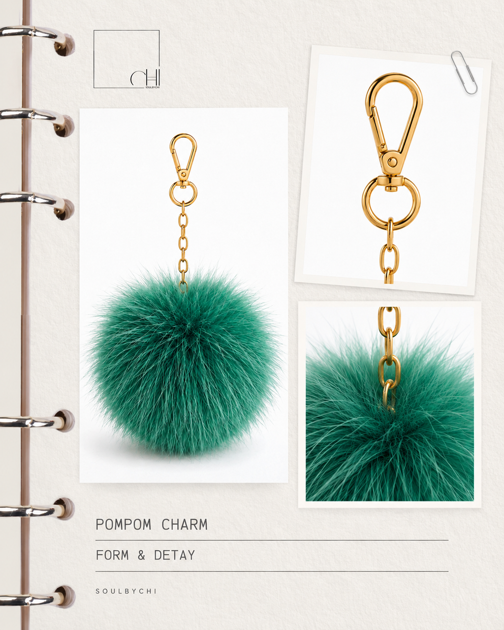 SoulByChi tasarım görseli — Pompom Charm aksesuarının zümrüt yeşili formunu, zincirini ve klipsini gösteren özel tasarım kolajı.