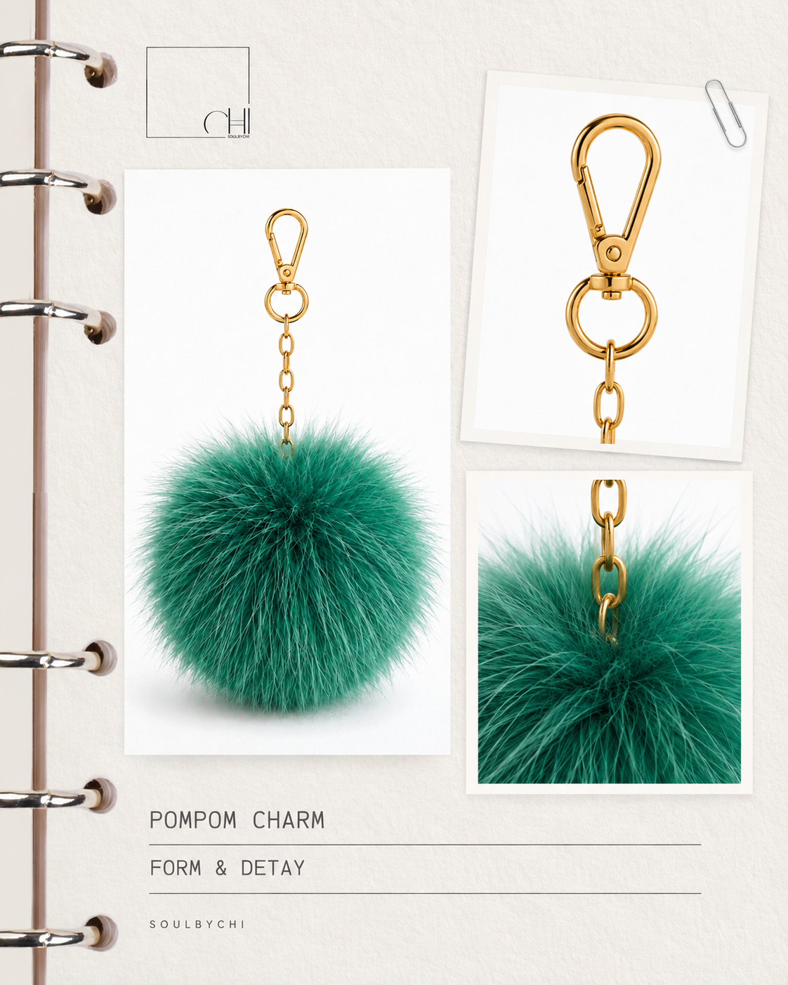 SoulByChi tasarım görseli — Pompom Charm aksesuarının zümrüt yeşili formunu, zincirini ve klipsini gösteren özel tasarım kolajı.